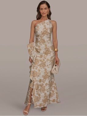 Donna Karan One-Shoulder Ruffle Gown in Cream and Gold Floral